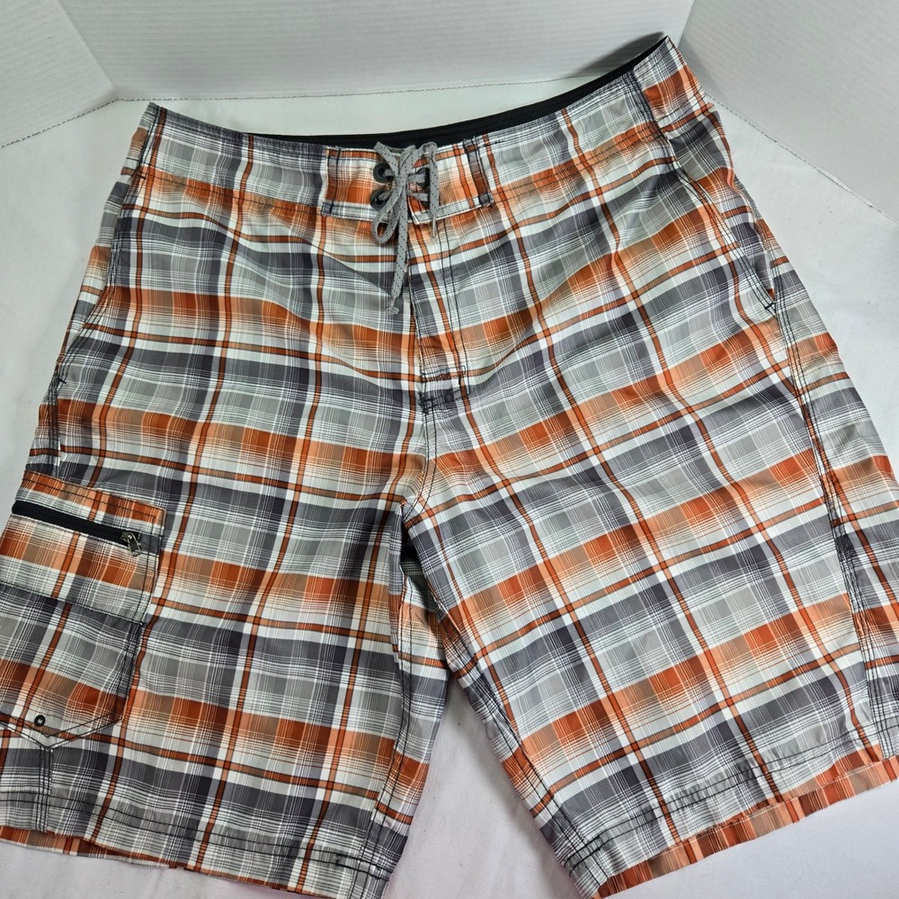 Columbia Mens Plaid Swim Trunks Board Shorts Drawstring‎ Cargo Pocket Size 36